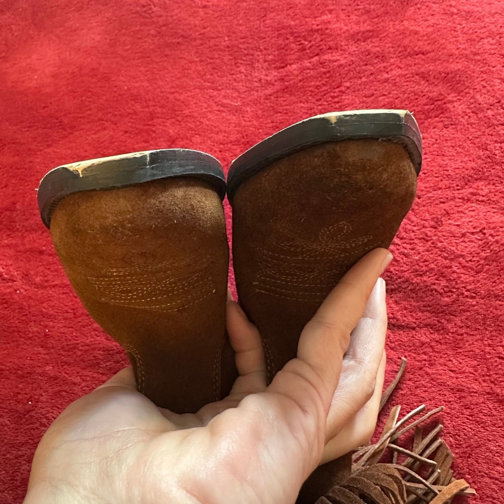 Kids Brown Suede Fringe Cowboy Boots Studded Western Mid Calf Size 1 - Picture 9 of 14